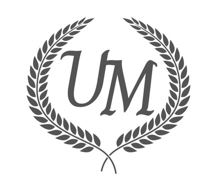 Initial letter U and M, UM monogram logo design with laurel wreath. Luxury calligraphy font.