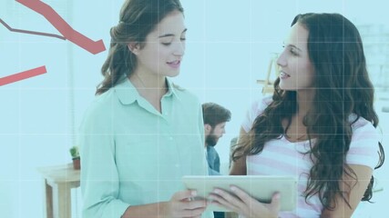 Poster - Two women touching tablet screen and discussing finance trends with red line graph animating down