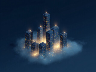 Poster - Futuristic cityscape illuminated at night. Isometric view of glowing skyscrapers emerging from fog. Perfect for illustrating innovation, tech or urban development concepts.