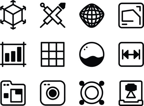 Collection of twelve modern flat design icons representing various digital and creative concepts