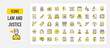 © Picvault - Set of Law And Justice vector stroke icons. such as Money, Calendar, News, Convict, Law, Gavel, Desk, Hourglass, Criminal Database, Taxation, Jury, Footprint, Quill, Gun illustration.