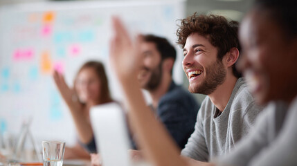 Poster - Smiling diverse team collaborating in a modern office. Positive energy, teamwork, and brainstorming concepts. Perfect for business, education, and success.