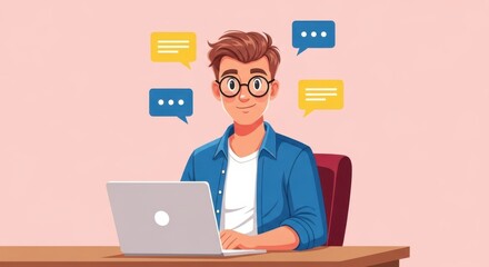 A young man with glasses sits at a desk with a laptop engaging in online communication with speech bubbles above his head
