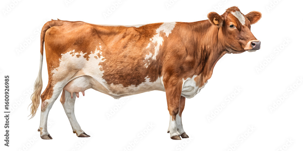 A brown and white cow standing in a field with a side profile view ...