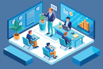 Poster - Meeting room with business professionals discussing strategies while using technology during a team collaboration session