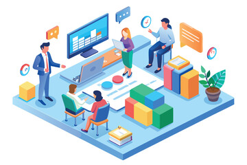 Poster - Team collaboration in a modern workspace with technology and interactive discussions during a project meeting