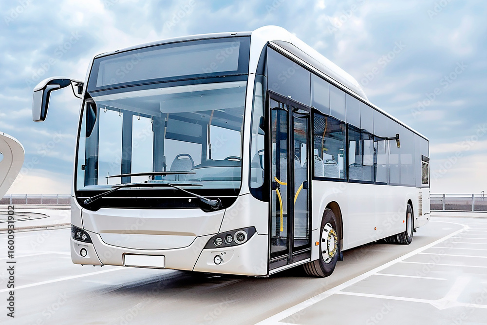 Front view of white urban transit bus parked at open terminal with modern design and wide windshield under cloudy sky
