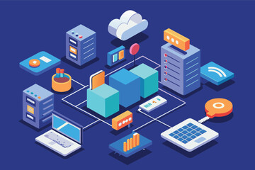 Poster - Digital network interactive design showcasing server structures and data flow in a modern technology environment