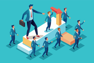 Poster - Business professionals navigating a career ladder with growth symbols and teamwork in a structured setting