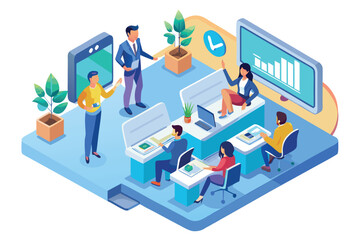Poster - Team collaboration in a modern office setup with technology and plants during a productive workday