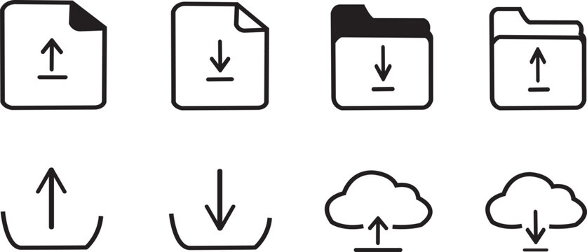 Upload and Download Icons Set. File, Folder, Cloud, and Arrow Symbols in Outline Style.