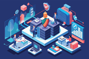 Poster - Digital security solutions showcased in an illustrated business setting with diverse professionals