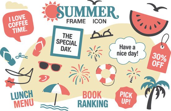 Colorful summer frame icon with vacation elements and promotional text for various purposes