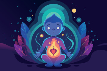 Poster - Digital art depicting a serene child meditating with a glowing heart symbol, surrounded by colorful elements in a cosmic background