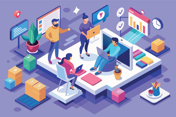 Poster - Team collaborating in a vibrant workspace utilizing technology for a productive work session
