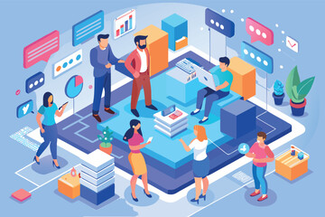 Poster - Team collaboration in a modern office setting with digital communication tools and diverse professionals engaged in work activities