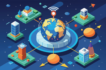 Poster - Colorful digital illustration of a globe connected to various buildings through network lines in a futuristic city landscape