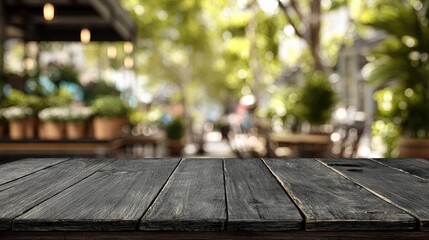 Poster - Empty dark grey tabletop on blurred background of summer cafe on sunny day