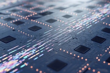 Poster - Futuristic Circuit Board with Data Streams and Integrated Chips Representing High Tech Artificial Intelligence and Quantum Computing Advancements