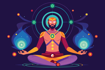 Poster - Meditating figure surrounded by cosmic elements in a colorful, mystical setting