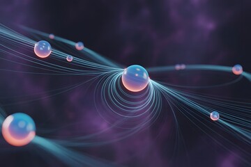 Aufkleber - Abstract Spheres with Light Trails on a Dark Purple Background Representing Connectivity Data Flow and Modern Technology for Science