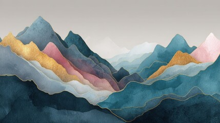 Poster - Abstract Mountain background vector. Minimal landscape art with watercolor brush and golden line texture. Abstract art wallpaper for prints, Art Decoration, wall arts and canvas prints. , no logos, n