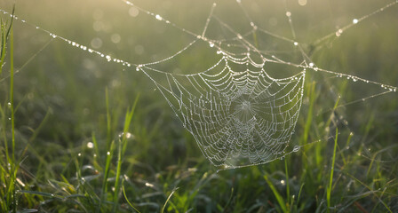 spider web with morning dew in grassy field

