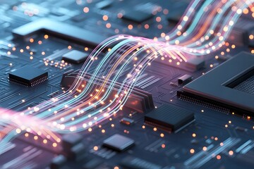 Aufkleber - Futuristic Circuit Board with Glowing Data Streams Representing Advanced Technology and High Speed Data Transfer in a Digital World