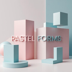 Poster - Composition of geometric shapes in pastel shades with cube and cylinder elements arranged on a light surface
