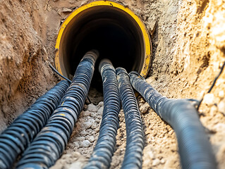 Underground cable conduit installation with flexible corrugated tubing running through a yellow pipe, set in a sandy trench. Modern infrastructure and connection.