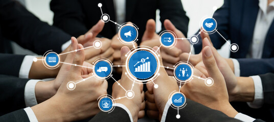 Poster - Office worker team stacking hand together symbolize successful group of business partnership and strong collective unity teamwork in community workplace in panoramic banner. Shrewd Amity