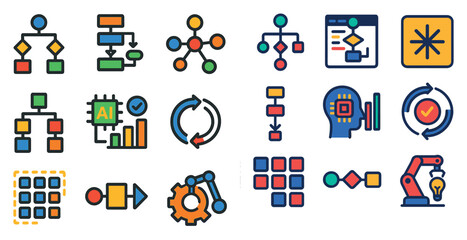 Poster - Set of icons for a computer program. The icons are colorful and include a robot, a brain, and a light bulb. The icons are arranged in a grid, with some overlapping and others standing alone