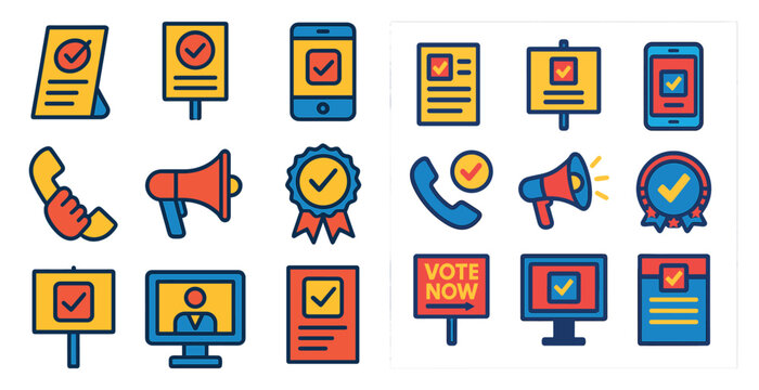 Set of icons for voting, including a phone, a computer, a TV, a sign, and a person