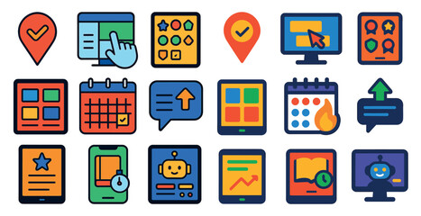 Aufkleber - Collection of icons for various devices and applications. The icons include a calendar, a clock, a robot, a book, a computer, a keyboard, a mouse, a cell phone, a tablet, a laptop, a mouse