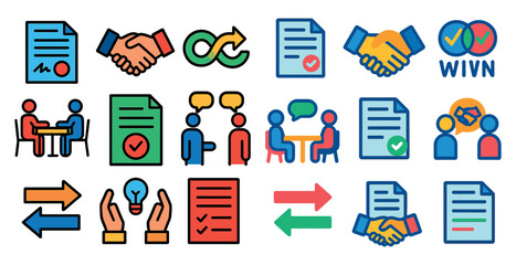 Poster - Series of icons that represent different types of business transactions. The icons include a handshake, a person sitting at a table, a person talking on a phone, and a person signing a document