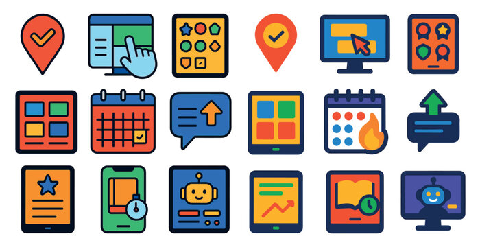 Collection of icons for various devices and applications. The icons include a calendar, a clock, a robot, a book, a computer, a keyboard, a mouse, a cell phone, a tablet, a laptop, a mouse