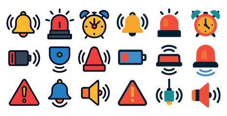 Aufkleber - Collection of icons with a bell and a red circle with a white line through it. The icons are all different colors and shapes