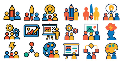 Poster - Set of icons for a business or organization. The icons include a person with a pencil, a person with a paintbrush, a person with a computer, a person with a projector, and a person with a book