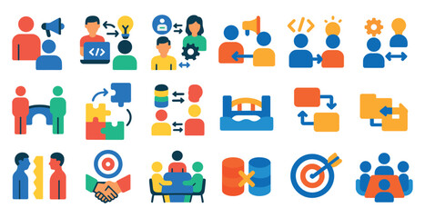 Poster - Collection of icons that represent different aspects of teamwork and collaboration. The icons include people working together, a handshake, a laptop, and a bed. Scene is one of productivity