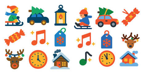 Poster - Collection of Christmas icons including a car, a house, a clock, a tree, a reindeer, and a snowman