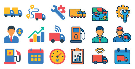Poster - Collection of icons for a transportation app. The icons include a man in a suit, a truck, a calendar, a clock, a gas pump, and a man with a toolbox