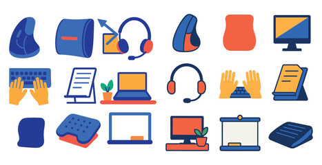 Poster - Collection of icons for office equipment and accessories. The icons include a keyboard, mouse, laptop, monitor, and other items. Scene is professional and focused on productivity