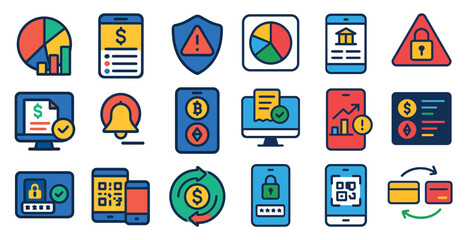 Poster - Collection of icons for various electronic devices and financial transactions. The icons include a bell, a key, a check, a credit card, a phone, a computer, and a tablet. Scene is one of technology