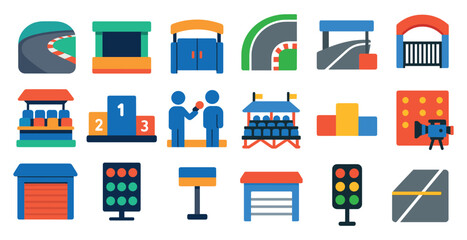 Poster - Collection of icons for a racing track. The icons include a track, a building, a car, a person, a flag, a camera, and a stop sign. Scene is energetic and exciting