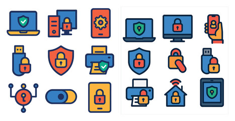 Poster - Set of icons for security and privacy. The icons include a lock, a key, a padlock, a computer, a phone, a tablet, a laptop, a printer, a keyboard, a mouse, a USB drive, a camera