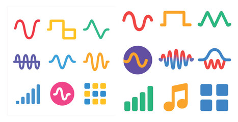 Poster - Collection of colorful shapes and lines that are used to represent different types of music. The shapes are arranged in a way that suggests a wave or a sound. Scene is energetic and dynamic