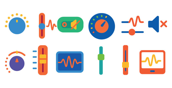 Set of icons for a music player. The icons include a volume control, a mute button, and a play button. The icons are colorful and arranged in a grid