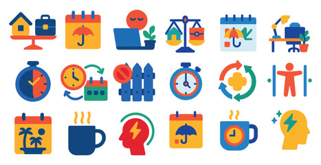 Poster - Collection of colorful icons that represent different aspects of daily life, such as a clock, a house, a laptop, a cup, and a person