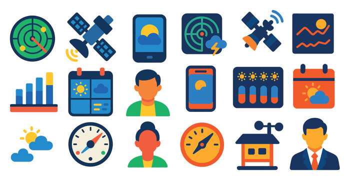 Collection of icons and symbols, including a compass, a cell phone, and a calendar. The icons are arranged in a grid, with some overlapping and others standing alone. Scene is one of organization