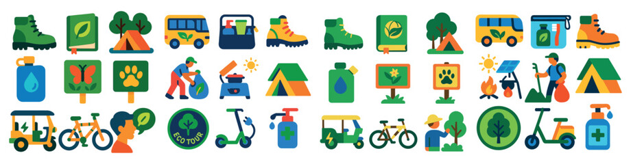 Poster - Collection of icons for various outdoor activities and transportation. The icons include a bicycle, a scooter, a car, a tent, a backpack, a tent, a tent, a tent, a tent, a tent, a tent